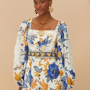 FARM Rio Floral Long Sleeve Dress - Blue, Yellow, White